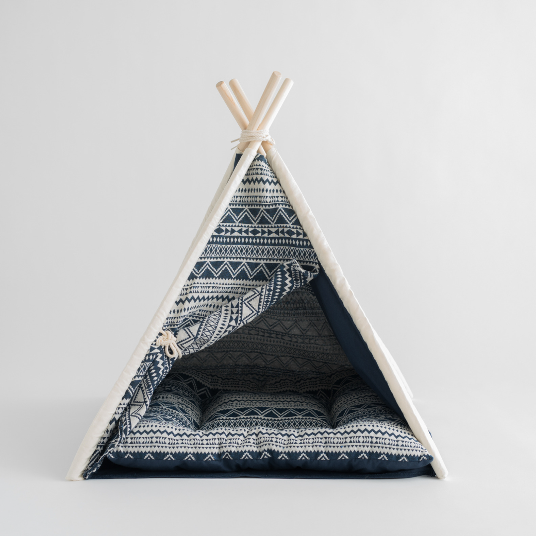 dog teepee bed in navy blue front view