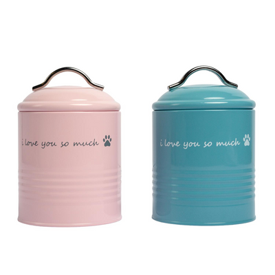 pink and blue canisters with the words "i love you so much" written and paw print