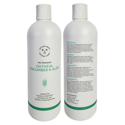 doctor theo's pet shampoo with oatmeal, cucumber, and aloe front and back showing ingredients
