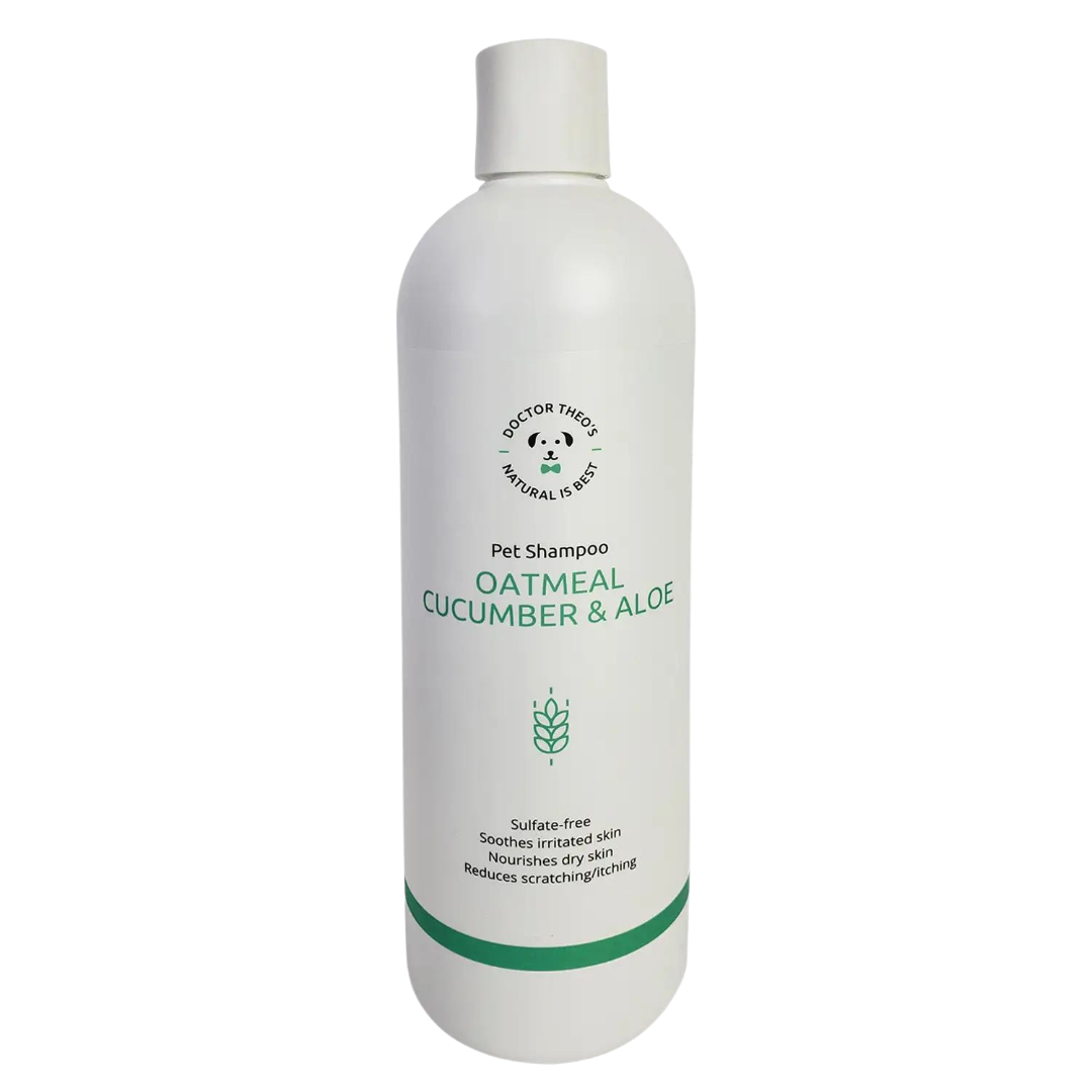 doctor theo's pet shampoo, white bottle, green lettering with oatmeal, cucumber, and aloe